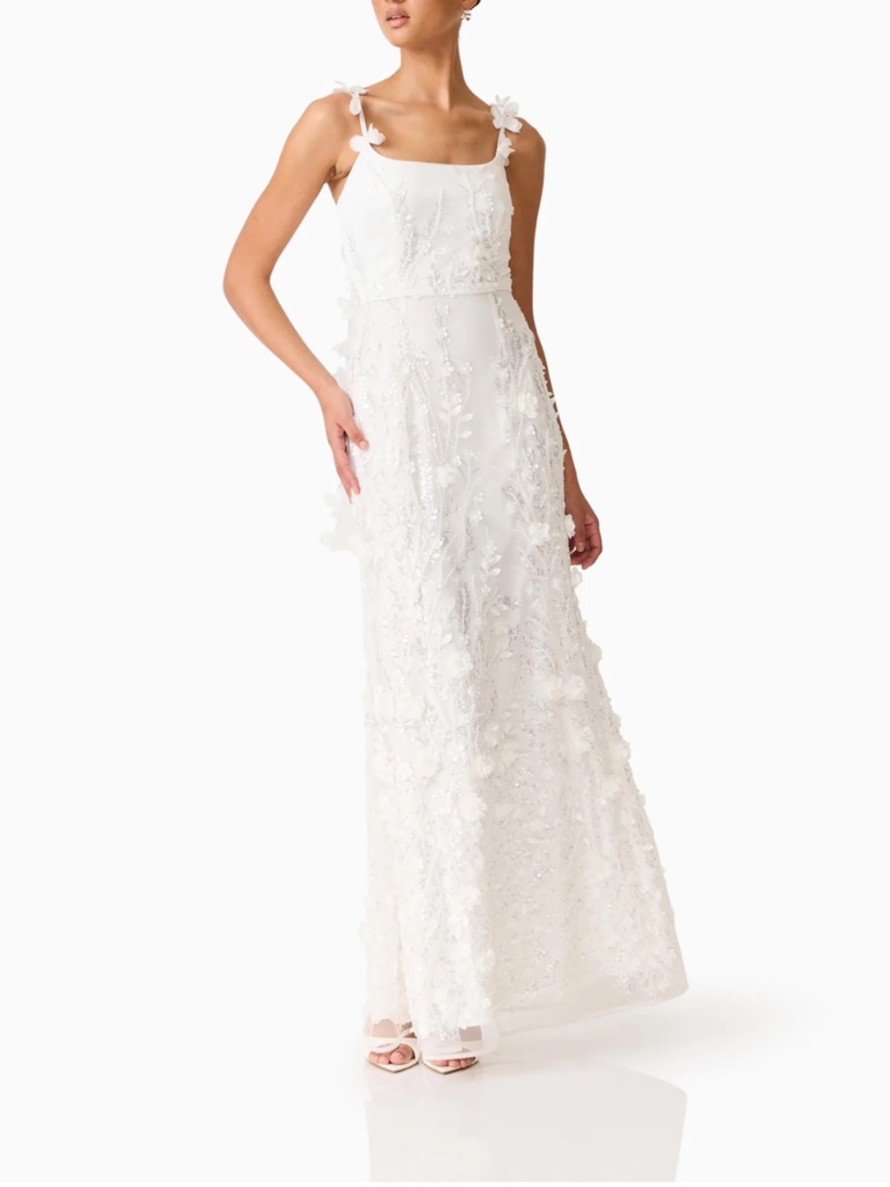 Elliatt White Floral Appliqué Square-Neck Gown with Bow Straps - Picture 3 of 5